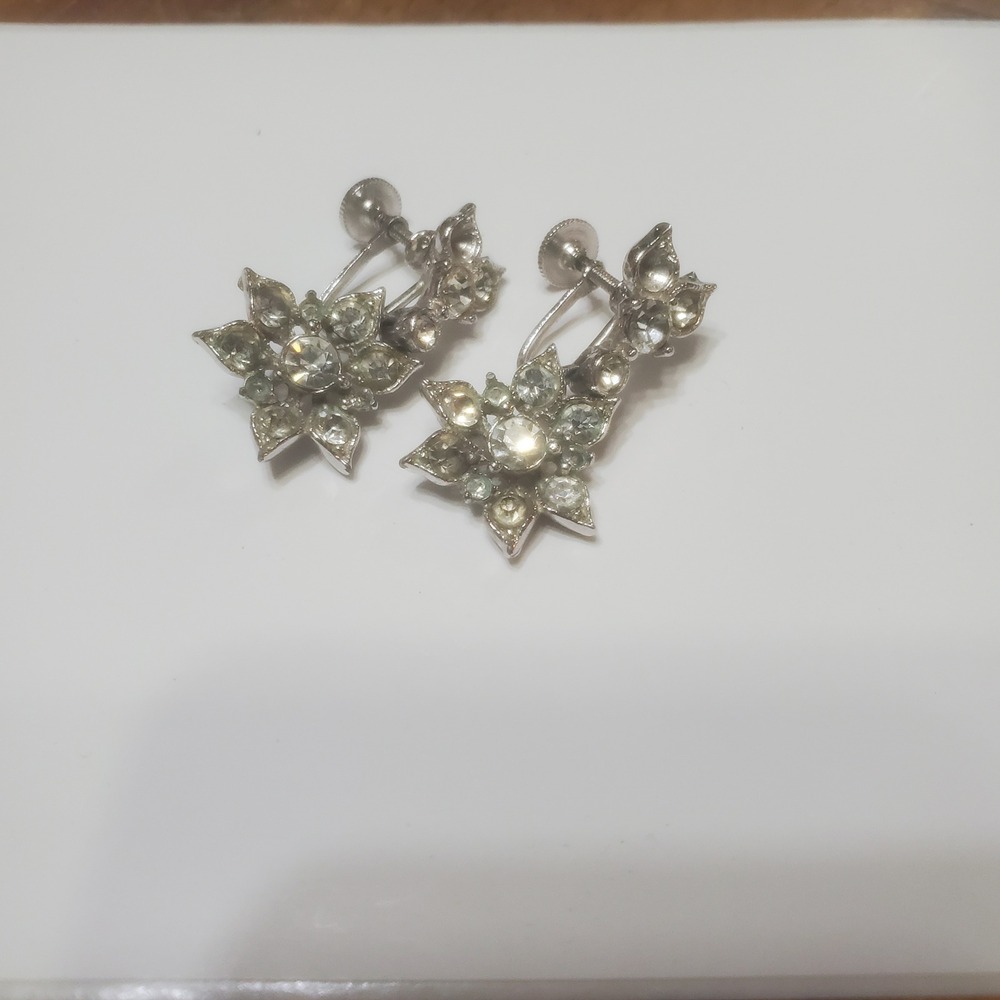 Vintage Bogoff Rhinestone Starburst Drop Earrings Silver Tone Screw Back Floral